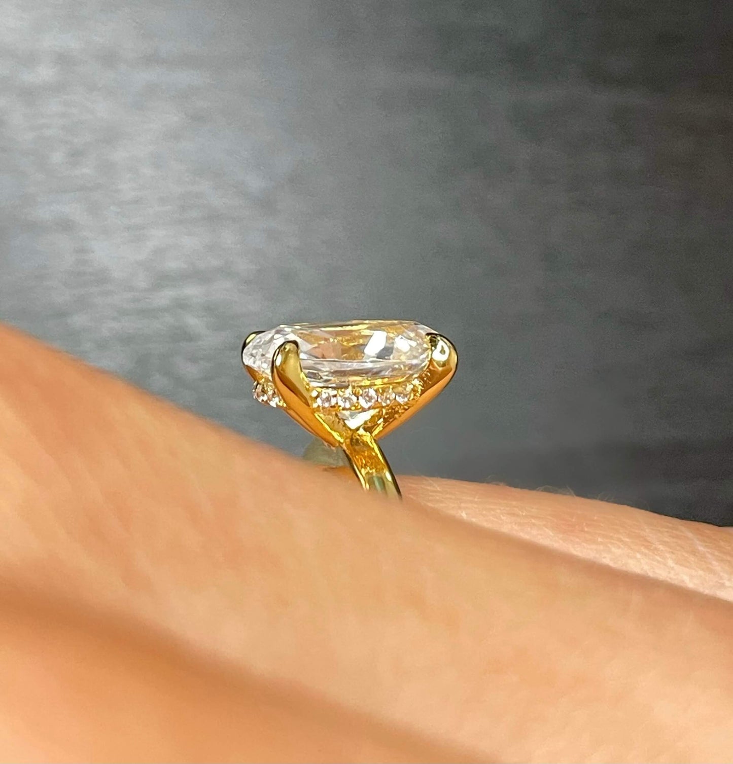 2CT Yellow Gold Oval Travel Engagement Ring With Hidden Halo